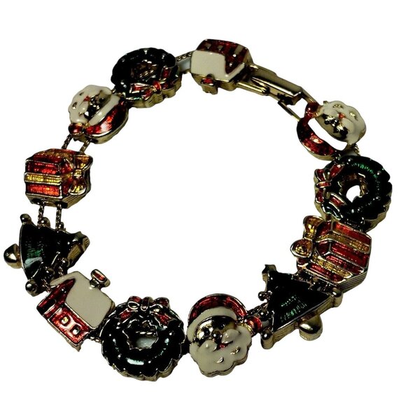 Christmas Charm Bracelet Holiday Fashion Santa Wreath Cabin Marked SP Gold Tone - Picture 1 of 13